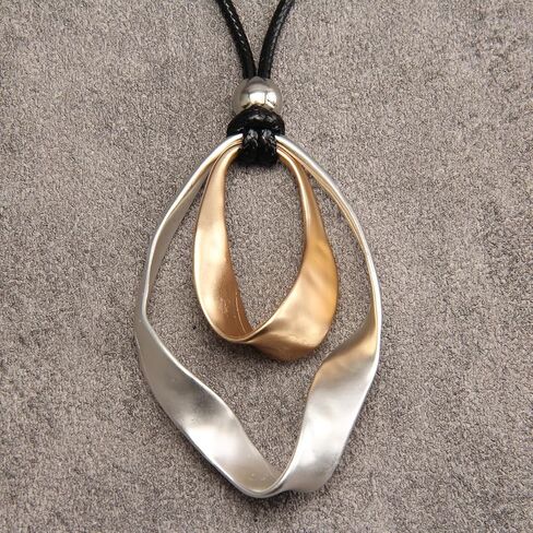 AZORA Handmade Bronze Color Multiple Ring Pendant Necklace Boho Style Long Leather Rope Sweater Necklace for Women in Kuwait