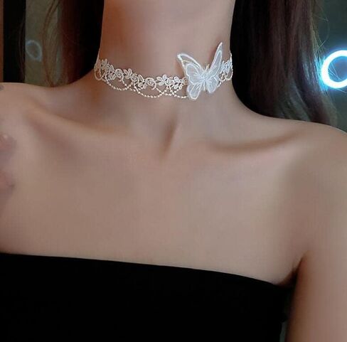 White Gothic Lace Butterfly Chain Collar Necklace Lace Pattern Choker Necklace Elegant Pure Beautiful Bride Wedding Accessories Vintage Neck Jewelry for Women and Girls in Saudi Arabia
