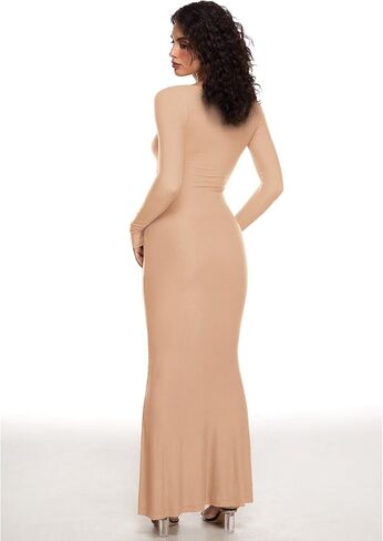 INLYRIC Women's Long Sleeve Bodycon Maxi Dress Square Neck Lounge Slip Ribbed Tight Long Dresses in Kuwait