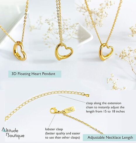 Altitude Boutique قلادة القلب المفتوح للنساء قلادة القلب العائمة هيبوالرجينيك قلادة القلب بسيطة للفتيات أنا أحبك قلادة (الذهب، ارتفع الذهب، الفضة) in Kuwait