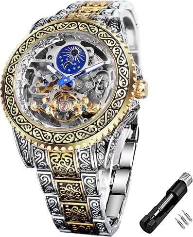 Forsining Vintage Watch Father's Day Gifts from Daughter/Wife Engraved Automatic Self-Wind Mechanical Big Dial Luminous Moon Phase Golden Hollow Tattoo Pattern Wrist Watches Birthday Gifts for men, Fathers Day in Saudi Arabia