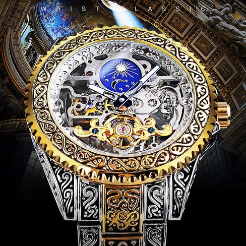 Forsining Vintage Watch Father's Day Gifts from Daughter/Wife Engraved Automatic Self-Wind Mechanical Big Dial Luminous Moon Phase Golden Hollow Tattoo Pattern Wrist Watches Birthday Gifts for men, Fathers Day in Saudi Arabia