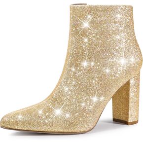 Perphy Women's Chunky Heels Ankle Boots Glitter | Sparkly, Fall/Winter, Zip up, Wedding Party Dress Shoes, Evening, Date Night with Dresses, Jeans in Kuwait