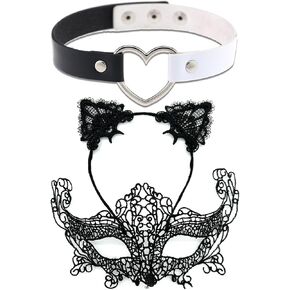 3 قطع من إكسسوارات زي القطة السوداء، عصابة رأس من الدانتيل الأسود لأذن القطة من الدانتيل قناع تنكر على شكل قلب الحب لحفلة تنكرية، زي امرأة القطة للنساء والفتيات في الهالوين in Kuwait