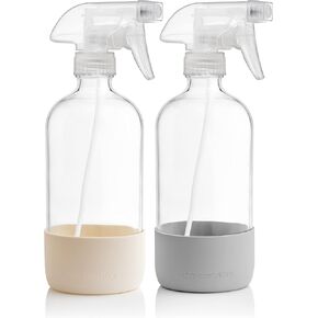 Vine Creations Clear Glass Spray Bottles with Silicone Sleeve, 16oz Refillable Empty Bottle for Cleaning Solutions, Water Sprayer, Essential Oils, Plants Mister, 2 Pack (Pastel Green & Cream White)