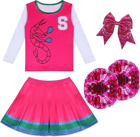 Zombies Cheerleader Costume for Girls Rose Dress Two Cheerleader Pom Poms Matching Hair Rope in Saudi Arabia