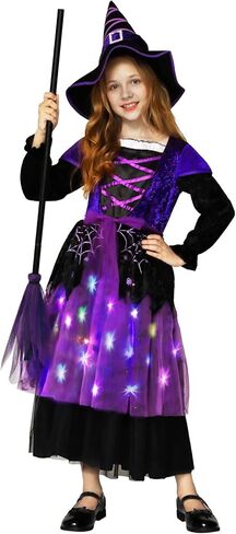 زي الساحرة للهالوين للفتيات الصغار، زي ساحرة مضيء، فستان ساحرة لامع للأطفال، حفلة تنكرية in Kuwait