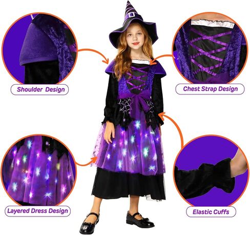 زي الساحرة للهالوين للفتيات الصغار، زي ساحرة مضيء، فستان ساحرة لامع للأطفال، حفلة تنكرية in Kuwait