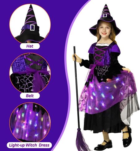 زي الساحرة للهالوين للفتيات الصغار، زي ساحرة مضيء، فستان ساحرة لامع للأطفال، حفلة تنكرية in Kuwait