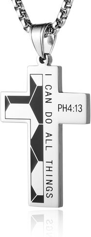 HZMAN Basketball Football Soccer Cross Pendant, I CAN DO All Things Strength Bible Verse Stainless Steel Necklace in Kuwait