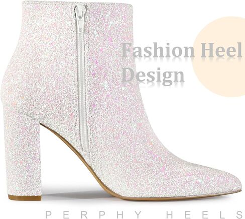 Perphy Women's Chunky Heels Ankle Boots Glitter | Sparkly, Fall/Winter, Zip up, Wedding Party Dress Shoes, Evening, Date Night with Dresses, Jeans in Saudi Arabia