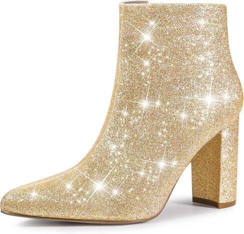 Perphy Women's Chunky Heels Ankle Boots Glitter | Sparkly, Fall/Winter, Zip up, Wedding Party Dress Shoes, Evening, Date Night with Dresses, Jeans in Kuwait