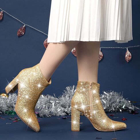 Perphy Women's Chunky Heels Ankle Boots Glitter | Sparkly, Fall/Winter, Zip up, Wedding Party Dress Shoes, Evening, Date Night with Dresses, Jeans in Kuwait