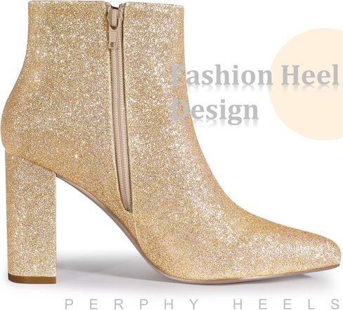 Perphy Women's Chunky Heels Ankle Boots Glitter | Sparkly, Fall/Winter, Zip up, Wedding Party Dress Shoes, Evening, Date Night with Dresses, Jeans in Kuwait