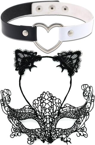 3 قطع من إكسسوارات زي القطة السوداء، عصابة رأس من الدانتيل الأسود لأذن القطة من الدانتيل قناع تنكر على شكل قلب الحب لحفلة تنكرية، زي امرأة القطة للنساء والفتيات في الهالوين in Kuwait