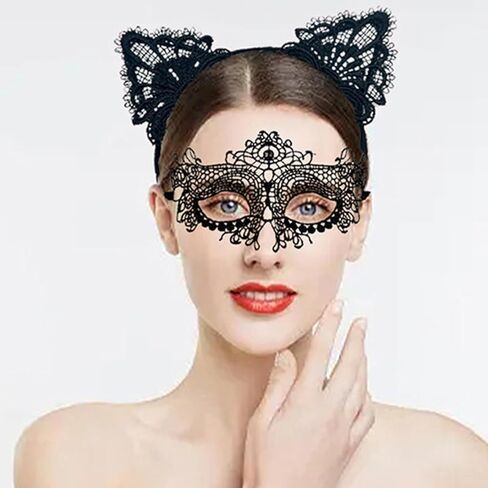 3 قطع من إكسسوارات زي القطة السوداء، عصابة رأس من الدانتيل الأسود لأذن القطة من الدانتيل قناع تنكر على شكل قلب الحب لحفلة تنكرية، زي امرأة القطة للنساء والفتيات في الهالوين in Kuwait