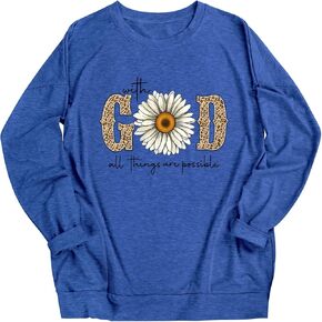 OUNAR with God All Things are Possible Tshirt Faith Sayings Daisy Flower Leopard Print Long Sleeve T-Shirt Pocket Sweatshirt in Saudi Arabia