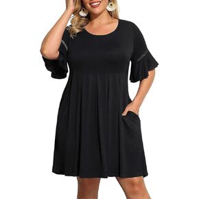 Pinup Fashion حريمي مقاس كبير، أكمام جرس، رقبة دائرية، كاجوال صيفي منسوج، بيبي دول سوينغ، جيوب