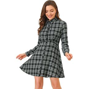 Allegra K Women's Christmas Plaids Button Down Cotton Mini A-Line Shirt Dress in Kuwait