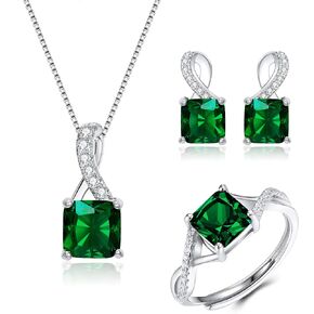 EleQueen 925 Sterling Silver Cubic Zirconia Crystal Jewelry Set, Square Solitaire Pendant Necklace Stud Earrings Rings for Bride Bridesmaids Emerald Green Color, Valentine's Day/Mother's Day/Christmas Jewelry Gift for Wife/Mom
