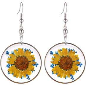 FM FM42 Multi-Colored Pressed Daisy & Queen Anne's Lace Flowers 1.14" Round Circle Drop Dangle Hook Earrings, 7 Colors