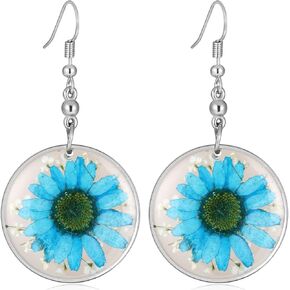 FM FM42 Multi-Colored Pressed Daisy & Queen Anne's Lace Flowers 1.14" Round Circle Drop Dangle Hook Earrings, 7 Colors