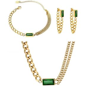 tenghong2021 Retro Green Small Square Zircon Necklace Bracelet Earring Set Female Alloy Trend Matching Jewelry Lady Girl Wedding Bridal Statement Dangle Earrings