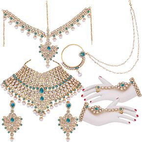 I Jewels Indian Wedding Traditional Gold Plated Kundan Ethnic Bridal Jewelry Set with Earrings, Nose Ring, Mathapatti & Haath Panja for Women