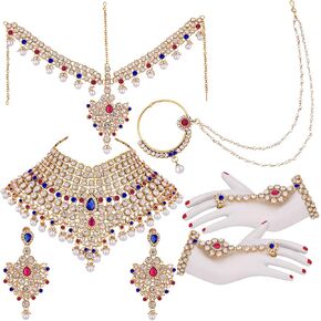 I Jewels Indian Wedding Traditional Gold Plated Kundan Ethnic Bridal Jewelry Set with Earrings, Nose Ring, Mathapatti & Haath Panja for Women