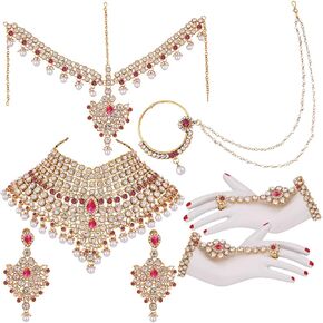 I Jewels Indian Wedding Traditional Gold Plated Kundan Ethnic Bridal Jewelry Set with Earrings, Nose Ring, Mathapatti & Haath Panja for Women in Saudi Arabia
