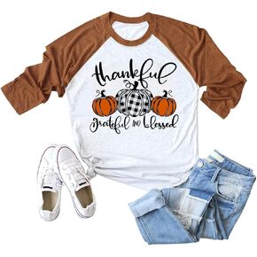 Thankful Grateful and Blessed Thanksgiving Buffalo Plaid Pumpkin Shirts for Women Raglan 3/4 Sleeve Tops Tee in Kuwait