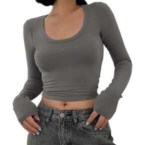 Women's Square Neck Long Sleeve Tops Ribbed Knit Crop Top Slim Fitted Basic Cropped T Shirts