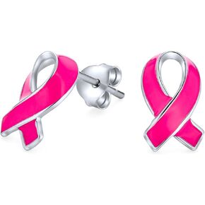 Breast Cancer Awareness Pink Ribbon Support Enamel Stud Earrings For Women .925 Sterling Silver in Saudi Arabia