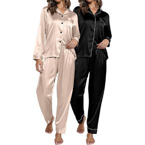 Ficerd 2 حزمة المرأة الحرير منامة الساتان مجموعة 2 قطعة طويلة الأكمام ملابس النوم ملابس النوم زر أسفل الساتان Pj مجموعة للنساء in Kuwait