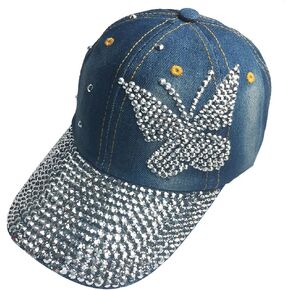 Kangqifen Women Rhinestone Pattern Distressed Denim Baseball Cap Sparkle Bling Hat Adjustable