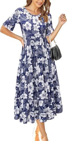 STYLEWORD فساتين نسائية صيفية متوسطة الطول بنقشة الزهور كاجوال إخفاء دهون البطن هاواي الربيع كشكش كم قصير مع جيوب 2023 in Kuwait