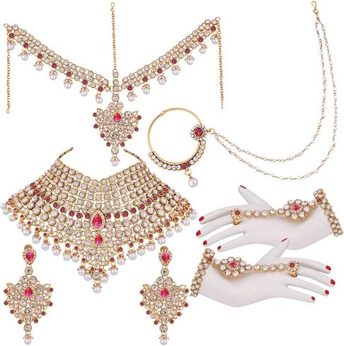 I Jewels Indian Wedding Traditional Gold Plated Kundan Ethnic Bridal Jewelry Set with Earrings, Nose Ring, Mathapatti & Haath Panja for Women in Saudi Arabia