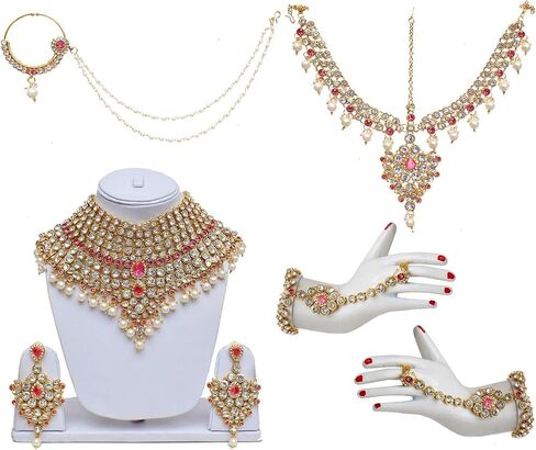 I Jewels Indian Wedding Traditional Gold Plated Kundan Ethnic Bridal Jewelry Set with Earrings, Nose Ring, Mathapatti & Haath Panja for Women in Saudi Arabia