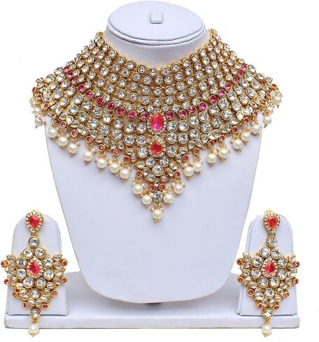 I Jewels Indian Wedding Traditional Gold Plated Kundan Ethnic Bridal Jewelry Set with Earrings, Nose Ring, Mathapatti & Haath Panja for Women in Saudi Arabia