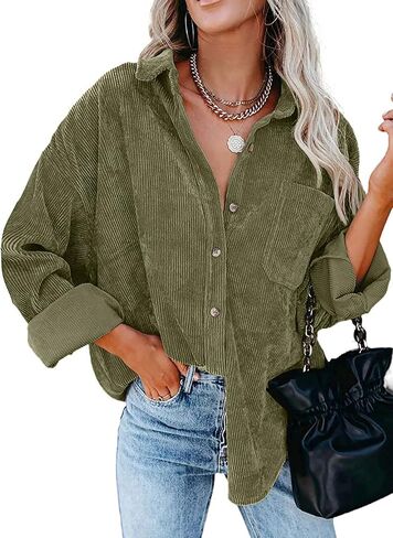 Meceku Women's Corduroy Shirts Long Sleeve Button Down Blouses Casual Oversized Tops with Pocket in Saudi Arabia
