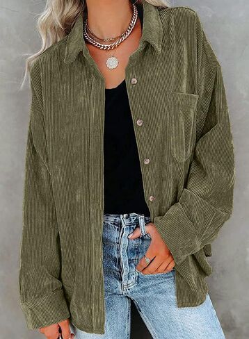 Meceku Women's Corduroy Shirts Long Sleeve Button Down Blouses Casual Oversized Tops with Pocket in Saudi Arabia