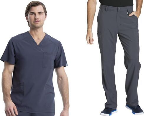 Cherokee Infinity Men Scrubs Set CK900A V-Neck Top & CK200A Fly Front Pant, Pewter- L Top/L Pant in Saudi Arabia