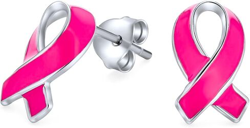 Breast Cancer Awareness Pink Ribbon Support Enamel Stud Earrings For Women .925 Sterling Silver in Saudi Arabia