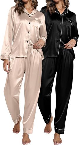 Ficerd 2 حزمة المرأة الحرير منامة الساتان مجموعة 2 قطعة طويلة الأكمام ملابس النوم ملابس النوم زر أسفل الساتان Pj مجموعة للنساء in Kuwait