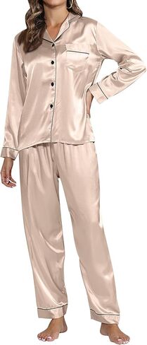 Ficerd 2 حزمة المرأة الحرير منامة الساتان مجموعة 2 قطعة طويلة الأكمام ملابس النوم ملابس النوم زر أسفل الساتان Pj مجموعة للنساء in Kuwait