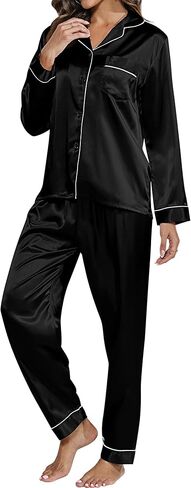 Ficerd 2 حزمة المرأة الحرير منامة الساتان مجموعة 2 قطعة طويلة الأكمام ملابس النوم ملابس النوم زر أسفل الساتان Pj مجموعة للنساء in Kuwait