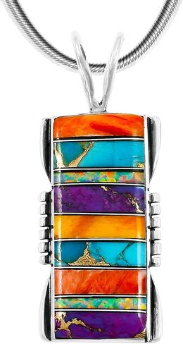 Turquoise & Gemstones Pendant Necklace in Sterling Silver 925 (Choose Style) (Rectangle) in Saudi Arabia