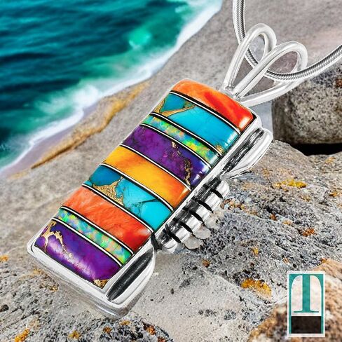 Turquoise & Gemstones Pendant Necklace in Sterling Silver 925 (Choose Style) (Rectangle) in Saudi Arabia