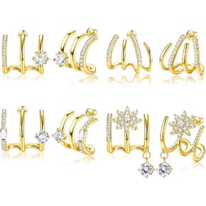 ORAZIO 4 Pairs Claw Earrings for Women CZ Claw Earrings Gold/Silver Stud Earrings Trendy Ear Wrap Piercing Minimalist Illusion Earrings Triple Hoop Earrings Flower Triple Huggie Stud Earrings Warp Cuff Earrings for Women