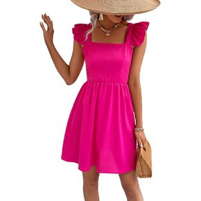 SHENHE Women's Ruffle Trim Square Neck Cap Sleeve Flare Hem Solid A Line Mini Dress
